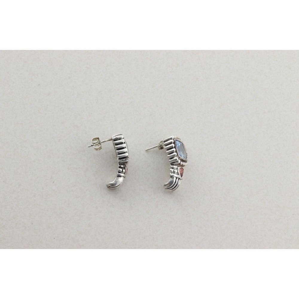 Sterling Silver Blue Glass with Red CZ J Hoop Earrings - Picture 7 of 8
